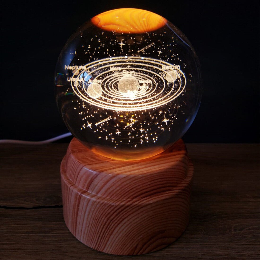 GEZEGENLER TEMALI AHŞAP ALTLIKLI IŞIKLI CAM KÜRE